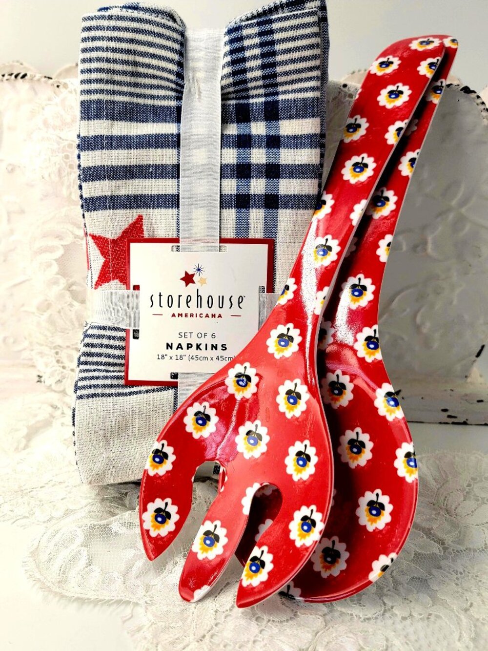Le Cadeaux Melamine Fleur de Provence Red 13” Salad Set & New Storehouse Napkins